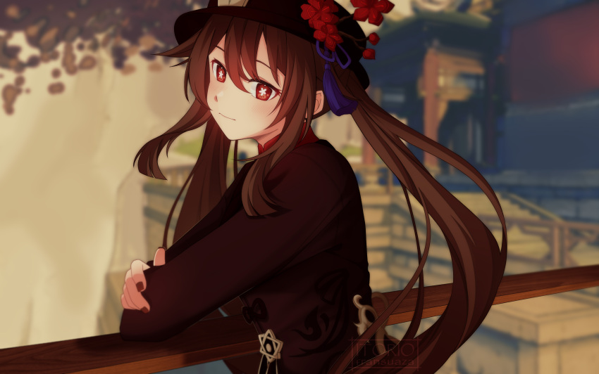 1girl absurdres bad_source black_headwear black_nails brown_hair crossed_arms flower flower_shaped_pupils genshin_impact hat hat_flower highres hu_tao_(genshin_impact) itorio_fransuaza long_hair long_sleeves looking_at_viewer outdoors plum_blossoms red_eyes self-upload smile solo symbol_shaped_pupils twintails