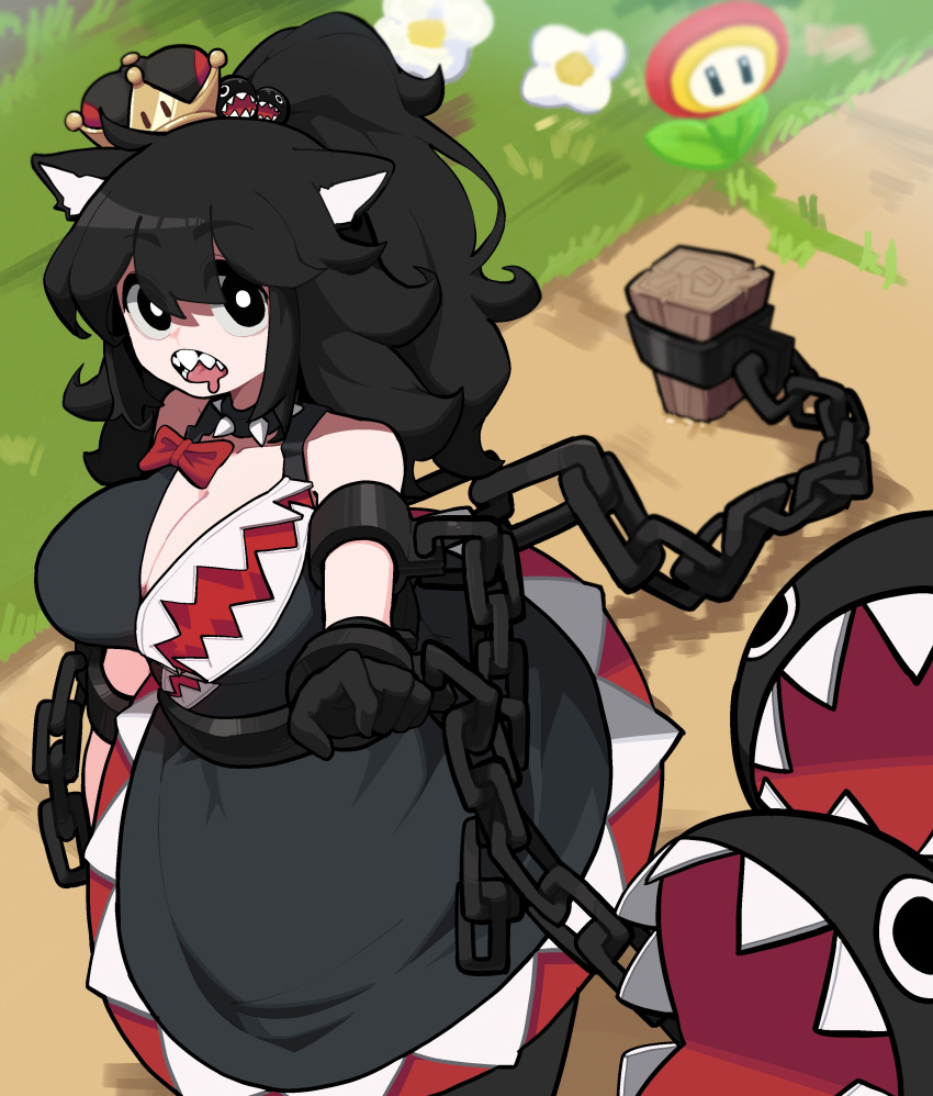 1girl absurdres animal_ears black_dress black_eyes black_footwear black_gloves black_hair bow breasts bright_pupils chain_chomp cleavage collar collarbone commentary cuffs dog_ears dog_girl dress drooling elbow_gloves fire_flower gloves highres industrial_pipe large_breasts long_hair looking_away mario_(series) min_lona mouth_drool new_super_mario_bros._u_deluxe open_mouth personification ponytail princess_chain_chomp red_bow shackles sharp_teeth solo spiked_collar spikes super_crown teeth upper_teeth_only white_pupils