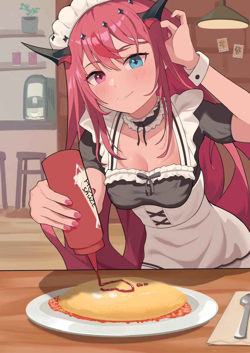 +_+ 1girl absurdres alternate_costume bar_stool black_horns blue_eyes breasts cafe cleavage day diamond_(shape) food frills guyrys heterochromia highres hololive hololive_english horns irys_(hololive) ketchup lamp light long_hair looking_at_viewer maid_headdress medium_breasts multicolored_hair omelet omurice photo_(object) pink_eyes pink_nails plant potted_plant shelf shift_(shiftillust) smile spoon stool streaked_hair