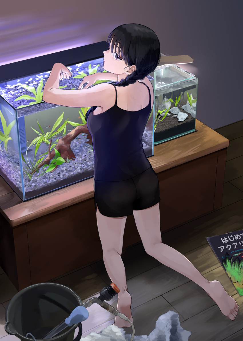 1girl absurdres bare_legs barefoot black_hair black_shorts black_tank_top braid breasts bucket closed_mouth feet fish fish_tank from_behind grey_eyes hands_up highres indoors kneeling legs looking_at_viewer looking_back mmmo3 original short_shorts shorts small_breasts soles solo table tank_top toes wooden_floor