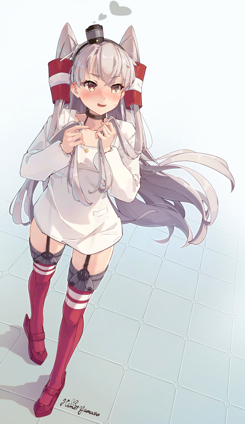 1girl absurdres amatsukaze_(kancolle) artist_name blush collarbone commentary dress fang full_body grey_hair hair_tubes highres himeyamato kantai_collection long_hair long_sleeves open_mouth red_thighhighs rudder_footwear signature solo symbol-only_commentary thighhighs two_side_up white_dress yellow_eyes