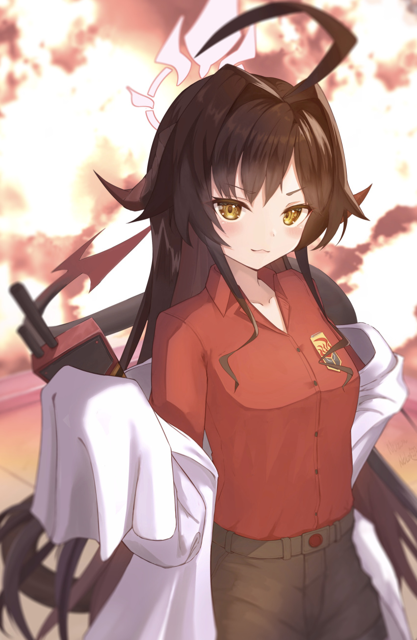 1girl ahoge black_hair black_horns black_shorts black_tail blue_archive blush breasts closed_mouth coat collared_shirt demon_horns explosion hair_intakes halo highres horns kasumi_(blue_archive) lab_coat long_hair nazono_neko red_hair red_halo shirt shirt_tucked_in shorts sleeves_past_fingers sleeves_past_wrists small_breasts smile solo walkie-talkie white_coat yellow_eyes