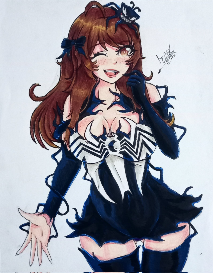 1girl alzafer blob bodysuit breasts brown_eyes brown_hair centi_(nimu) cleavage commentary_request cosplay dress highres indie_virtual_youtuber long_hair marvel nimu_(vtuber) smile spanish_commentary symbiote trait_connection venom_(marvel) venom_(marvel)_(cosplay)