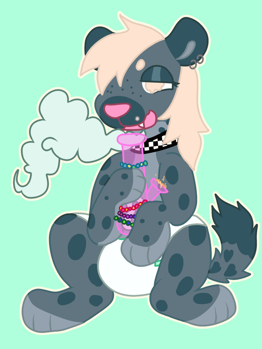 2023 3:4 absurd_res ambiguous_gender blonde_hair bong bracelet clothed clothing cloud colored_line_art diaper diaper_only drugs eyelashes feral feral_with_hair feralmunchies fire fur hair hi_res hyena ibispaintx infantilism jewelry kandi_(bracelet) mammal marijuana markings necklace necklace_only nonbinary_(lore) nude open_mouth outline paws piercing sitting smoke_cloud smoke_from_mouth smoking solo spots spotted_body spotted_fur spotted_markings substance_intoxication topless wearing_diaper white_outline