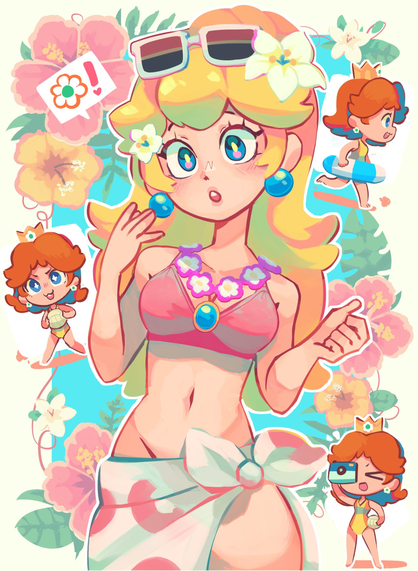! &gt;_&lt; +_+ 2girls :3 :d :o absurdres ball bare_arms bare_shoulders barefoot bikini blonde_hair blue_background blue_eyes blue_innertube breasts bright_pupils brooch camera chibi chibi_inset cleavage clenched_hand collarbone earrings eyelashes eyewear_on_head floral_background flower flower_(symbol) flower_earrings flower_necklace groin hair_flower hair_ornament hands_up hibiscus highres holding holding_ball holding_camera innertube jewelry lips long_hair mario_(series) medium_breasts min_dei_bae multiple_girls multiple_views navel necklace no_nose official_alternate_costume one-piece_swimsuit open_hand open_mouth orange_hair orange_one-piece_swimsuit outline pink_bikini pink_flower ponytail princess_daisy princess_peach princess_peach_(swimwear) print_sarong running sarong smile speech_bubble sphere_earrings spoken_exclamation_mark spoken_flower standing stomach sunglasses swimsuit teeth two-tone_swimsuit upper_teeth_only white-framed_eyewear white_background white_flower white_innertube white_outline white_pupils white_sarong yellow_flower yellow_one-piece_swimsuit
