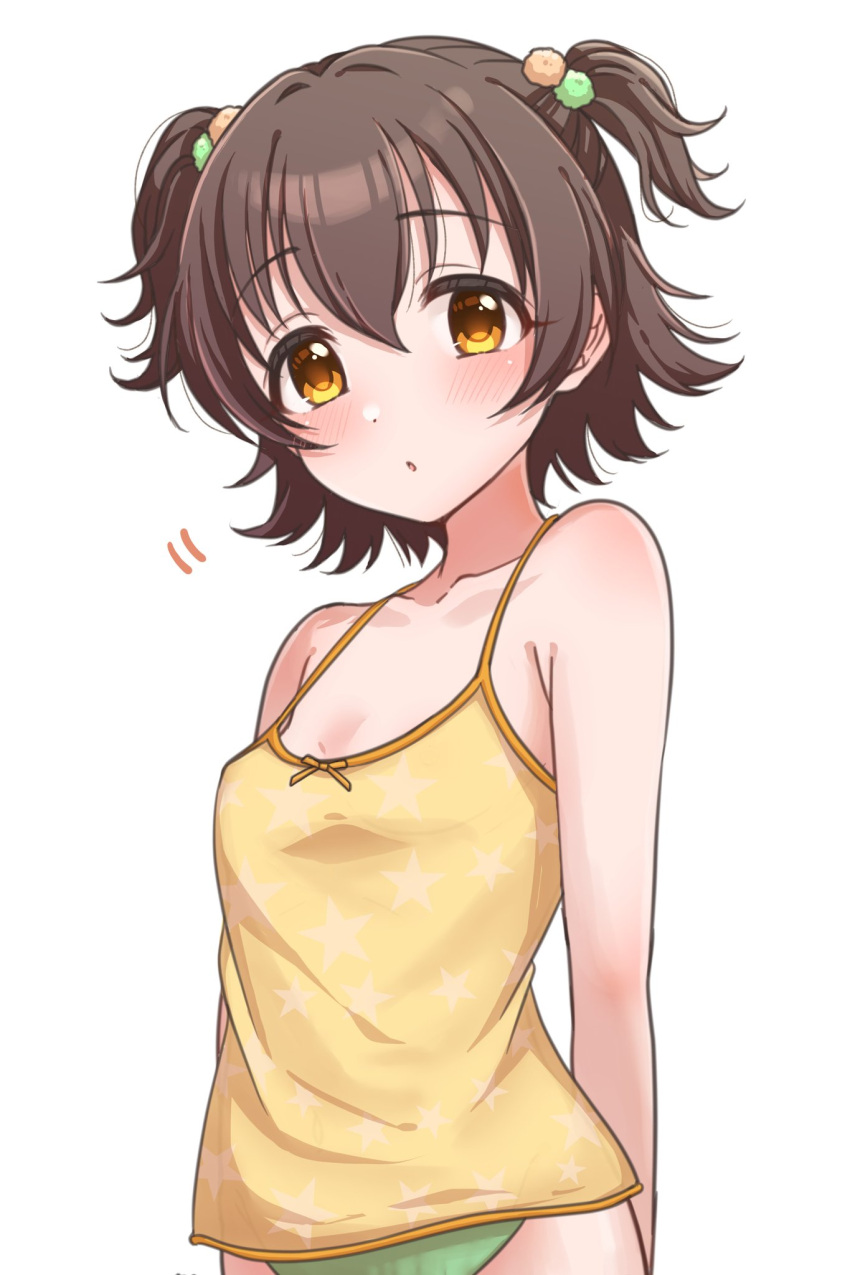 1girl akagi_miria arm_behind_back bare_arms bare_shoulders blush breasts brown_hair camisole green_panties hair_between_eyes hair_ornament highres idolmaster idolmaster_cinderella_girls looking_at_viewer mariabowl no_bra no_pants panties parted_lips print_camisole see-through short_hair shoulder_blush simple_background small_breasts solo spaghetti_strap star_(symbol) star_print two_side_up underwear upper_body white_background yellow_camisole yellow_eyes