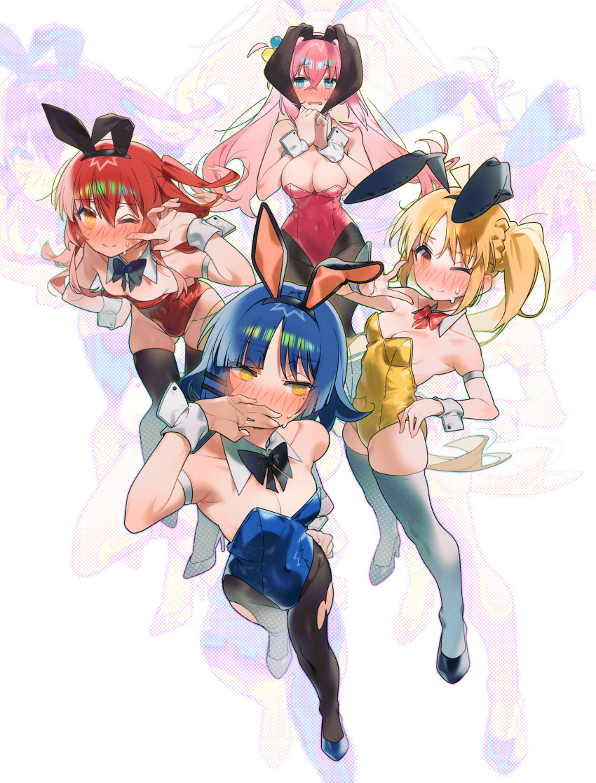 4girls @_@ absurdres animal_ears armband bare_shoulders black_bow black_bowtie black_pantyhose black_thighhighs blonde_hair blue_eyes blue_hair blue_leotard blush bocchi_the_rock! bow bowtie breasts cleavage collar collarbone commentary covered_navel covering_mouth crossed_bangs cube_hair_ornament detached_collar ears_down embarrassed fake_animal_ears flying_sweatdrops full_body gotoh_hitori hair_between_eyes hair_ornament hairclip hand_on_own_hip hand_up hands_on_own_chest hands_up high_heels highleg highleg_leotard highres ijichi_nijika kita_ikuyo large_breasts leaning_forward leotard long_hair looking_at_viewer looking_to_the_side medium_hair mole mole_under_eye multiple_girls nose_blush one_eye_closed one_side_up open_mouth orange_eyes own_hands_together pantyhose pink_footwear pink_hair pink_leotard playboy_bunny polka_dot polka_dot_background rabbit_ears red_bow red_bowtie red_footwear red_hair red_leotard short_hair side_ponytail simple_background skindentation small_breasts smile sofa_(enogunomu) standing standing_on_one_leg sweat sweatdrop thigh_gap thighhighs thighs torn_clothes torn_pantyhose v very_long_hair wavy_mouth white_background white_collar white_thighhighs white_wrist_cuffs wrist_cuffs yamada_ryo yellow_eyes yellow_leotard zoom_layer