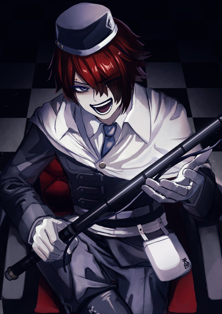 1boy belt belt_pouch black_headwear black_jacket black_pants cape checkered_floor collared_shirt commentary_request evil_smile eye_piercing gloves hair_over_one_eye harunosuke_(dr_muraki128) hat highres holding holding_whip jacket long_sleeves looking_at_viewer male_focus master_detective_archives:_rain_code military_hat military_uniform on_chair open_mouth pants pouch red_hair shirt short_hair smile solo uniform white_cape white_gloves white_shirt yomi_hellsmile