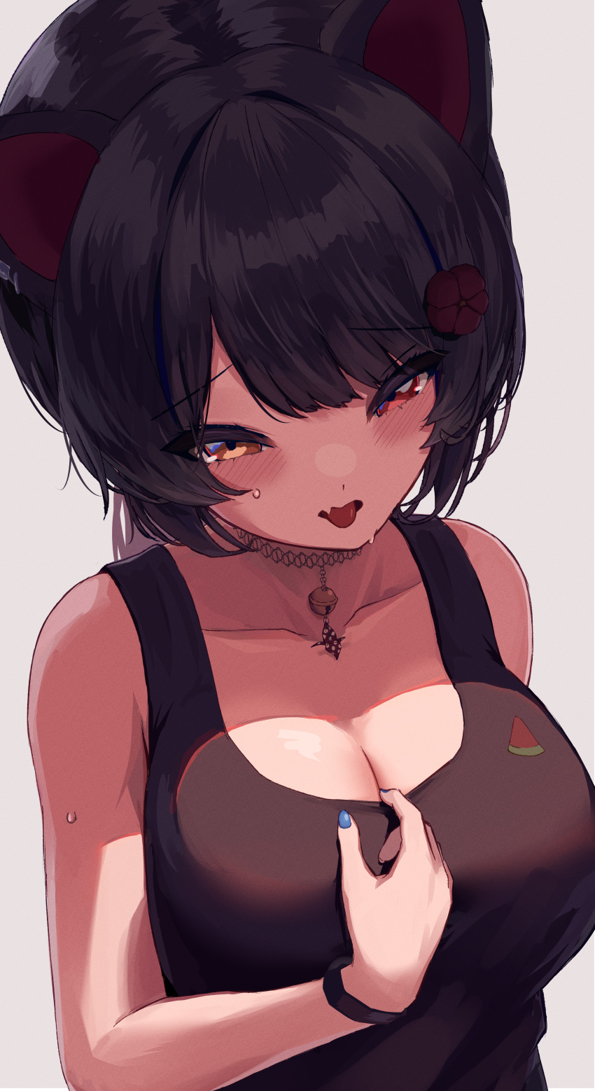 1girl absurdres ami_no_fuda animal_ears bell black_hair black_tank_top blue_nails blush bracelet breasts choker cleavage collarbone commentary_request dog_ears fang flower from_above hair_flower hair_ornament hand_on_own_chest heterochromia highres inui_toko jewelry large_breasts nail_polish neck_bell nijisanji open_mouth red_eyes simple_background skin_fang solo sweat tank_top tongue tongue_out upper_body virtual_youtuber white_background yellow_eyes