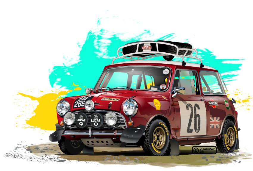 artist_name car castrol dated dunlop headlight highres martini_(brand) mini_cooper motor_vehicle nimbus_goldbrum no_humans race_vehicle racecar rally_car rear-view_mirror red_car shell_(company) spare_tire union_jack vehicle_focus