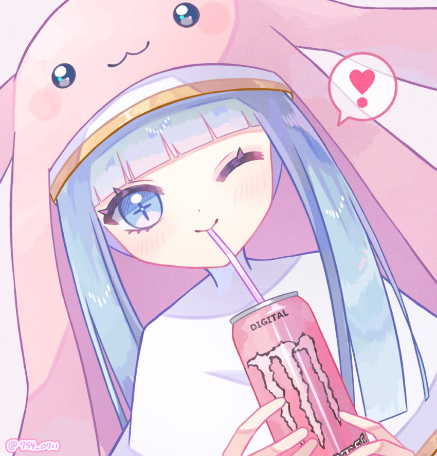 ! 1girl animal_hood blue_eyes blue_hair can digimon digimon_(creature) drink drinking_straw highres holding holding_can hood long_hair looking_at_viewer monster_energy nagoshi nun one_eye_closed sistermon_blanc solo speech_bubble upper_body