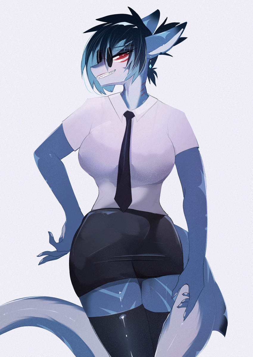 absurd_res anthro blue_body female fish hi_res kakhao looking_at_viewer marine office_clothing shark simple_background solo tail