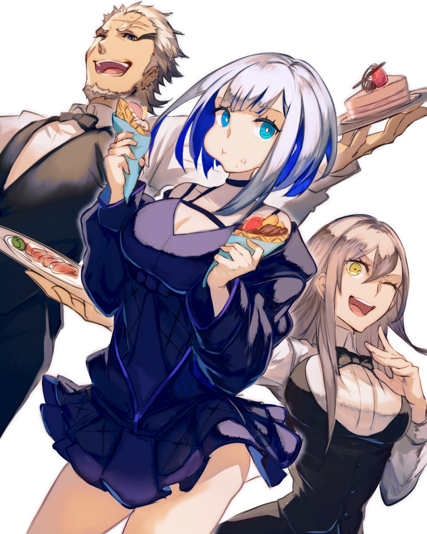 1boy 2girls absurdres alternate_costume aslaug_(fate) beard black_bow black_bowtie black_pants black_vest blue_dress blue_hair bow bowtie breasts buttons cake cake_slice collared_shirt commentary_request dress eating facial_hair fate:lost_einherjar fate_(series) food food_on_face green_eyes grey_hair highres holding holding_plate husband_and_wife kashia long_hair medium_breasts multiple_girls one_eye_closed open_mouth pants plate ragnar_lodbrok_(fate) remina_eltfrom_yggdmillennia shirt short_hair simple_background smile teeth upper_teeth_only vest waiter white_background white_shirt