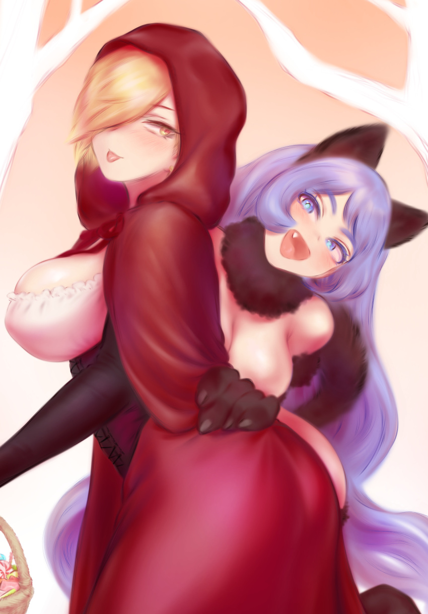 2girls :d animal_ears animal_hands blonde_hair blue_eyes blue_hair boku_no_hero_academia breasts cape cat_ears cat_tail cleavage fang hadou_nejire hair_over_one_eye highres hood hood_up hooded_cape large_breasts light_blue_hair long_hair multiple_girls open_mouth red_cape ryuukyuu short_hair shpo smile tail tongue tongue_out very_long_hair yellow_eyes