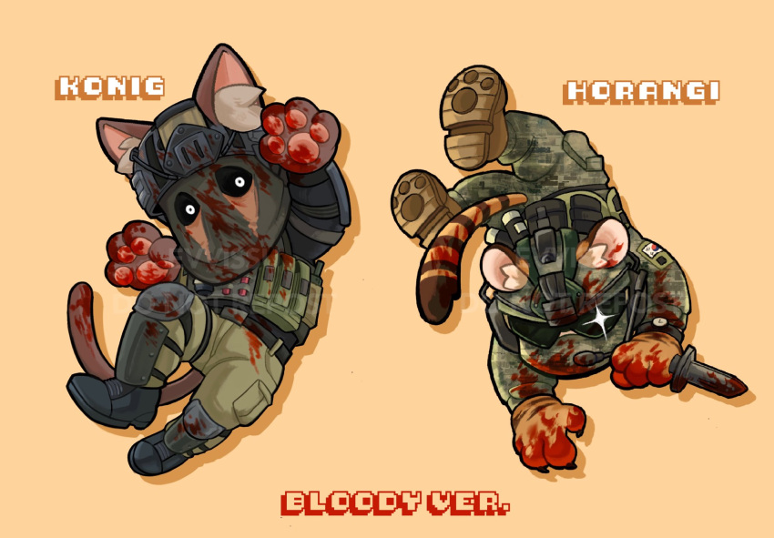 2boys animal_ears black_jacket blood blood_on_clothes bulletproof_vest call_of_duty call_of_duty:_modern_warfare_2 camouflage camouflage_jacket camouflage_pants character_name chibi covered_face dog_boy dog_ears dog_tail english_text evvissu green_jacket green_pants helmet highres holding holding_knife holding_weapon horangi_(modern_warfare_2) jacket knife konig_(call_of_duty) male_focus mask mouth_mask multiple_boys pants sunglasses tail tiger_boy tiger_ears tiger_tail weapon