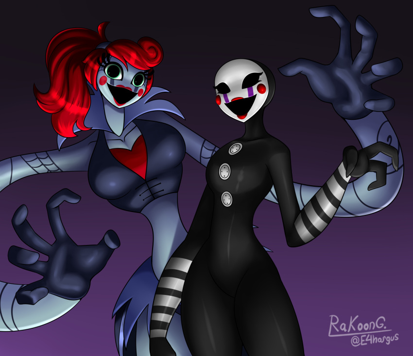 big_breasts breasts duo e4hargus female five_nights_at_freddy's five_nights_at_freddy's_2 green_eyes hair hi_res humanoid looking_at_viewer marionette_(fnaf) mommy_long_legs open_mouth poppy_playtime puppet red_hair scottgames smile stretchy