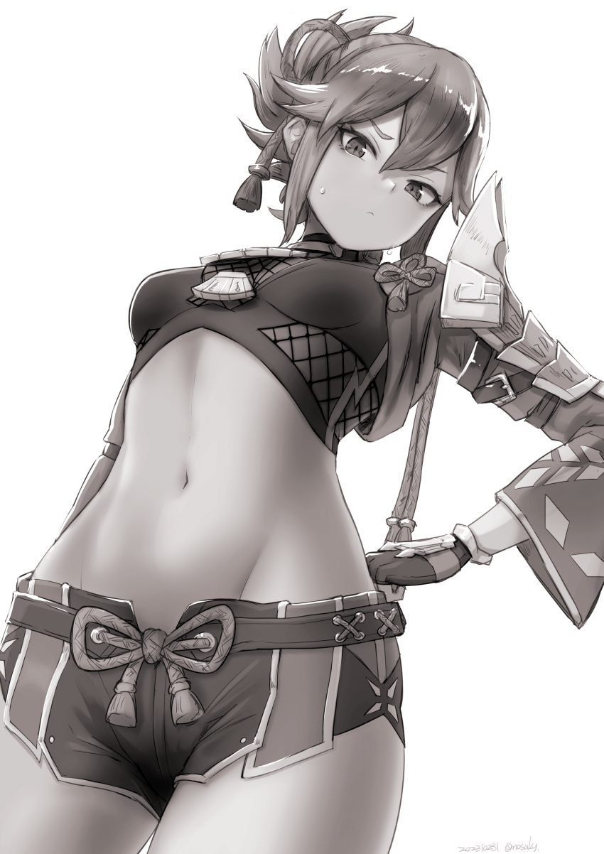 1girl armor breasts crop_top cropped_jacket genshin_impact gloves greyscale hair_between_eyes high_ponytail highres jacket japanese_armor kuki_shinobu long_hair long_sleeves looking_at_viewer midriff monochrome navel nosuku open_clothes open_jacket partially_fingerless_gloves rope short_shorts shorts sidelocks small_breasts solo thighs