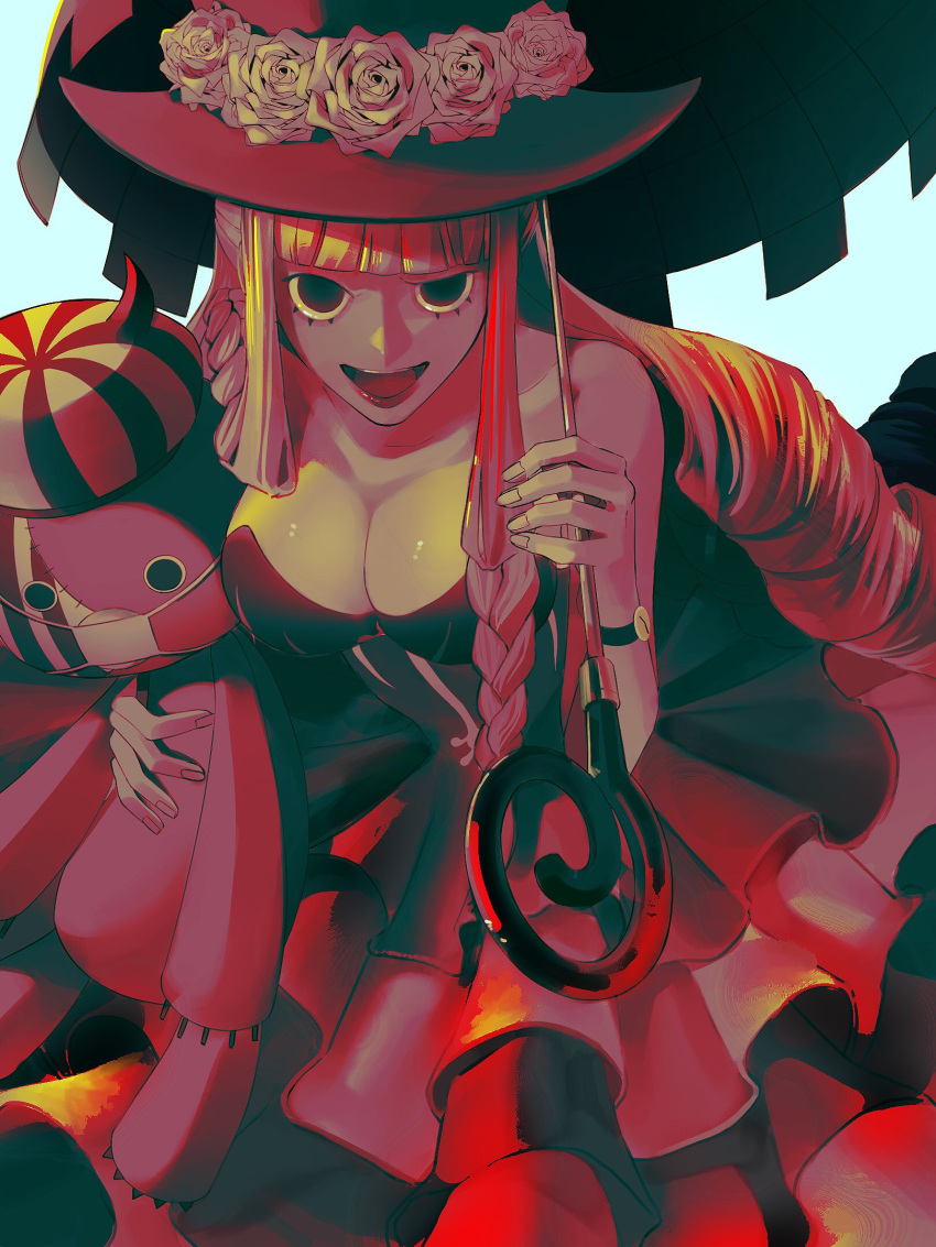 1girl black_eyes blunt_bangs breasts cleavage crop_top crown dress drill_hair flower hat hat_flower highres holding holding_stuffed_toy large_breasts leaning_forward lipstick long_hair looking_at_viewer makeup mlh7q no_pupils one_piece perona pink_hair pink_theme raised_eyebrow red_lips simple_background smile smug solo stuffed_toy top_hat twintails umbrella