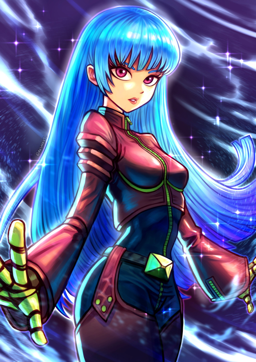 1girl absurdres belt blue_hair bodysuit breasts cowboy_shot cryokinesis gloves highres kula_diamond long_hair looking_at_viewer masan_(masanart) medium_breasts purple_eyes the_king_of_fighters zipper