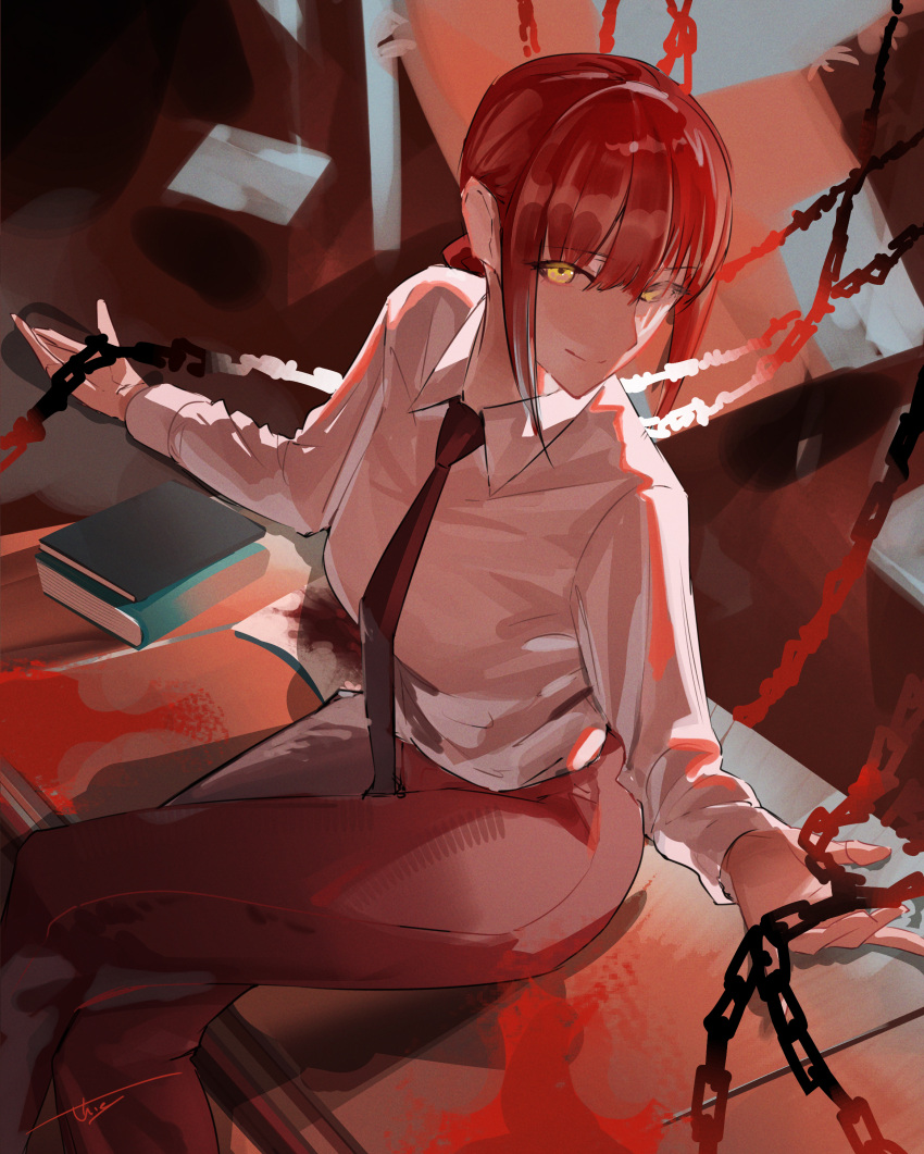 1girl absurdres black_necktie braid braided_ponytail chain chainsaw_man collared_shirt crossed_legs desk highres looking_at_viewer makima_(chainsaw_man) medium_hair necktie on_desk red_hair red_theme ringed_eyes seies_ss shirt shirt_tucked_in sidelocks signature sitting sitting_on_desk smile solo white_shirt yellow_eyes