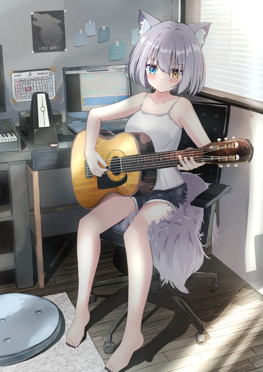 1girl animal_ear_fluff animal_ears ashitaba_kemo bare_arms bare_shoulders barefoot black_nails black_shorts blinds blue_eyes blush breasts brown_eyes calendar_(object) camisole chair closed_mouth collarbone commentary_request computer cutoffs desk grey_hair guitar hair_between_eyes heterochromia highres holding holding_instrument indoors instrument keyboard_(instrument) laptop medium_breasts nail_polish office_chair on_chair original plectrum short_hair short_shorts shorts sitting solo swivel_chair tail toenail_polish toenails white_camisole window