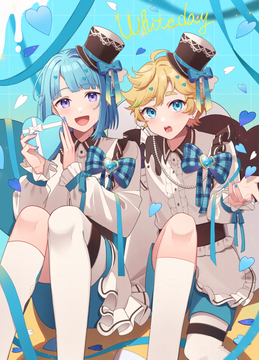 2boys :d :o absurdres ahoge androgynous apron bangs beads blonde_hair blue_background blue_bow blue_eyes blue_hair blue_nails blue_ribbon blue_shorts blunt_bangs blush bow box brown_headwear buttons center_frills collared_shirt commentary english_commentary ensemble_stars! feet_out_of_frame fingernails frilled_apron frilled_sleeves frills gem green_hair hands_up harukawa_sora hat hat_bow heart heart-shaped_box heart-shaped_gem highres holding idol_clothes kneehighs knees_up light_blue_hair long_sleeves looking_at_viewer male_focus mini_hat mini_top_hat multicolored_hair multiple_boys nail_polish open_mouth parted_bangs petals plaid plaid_bow purple_eyes ribbon shino_(sinotaro_) shino_hajime shirt short_hair short_shorts shorts sidelocks single_kneehigh single_sock single_thighhigh sitting smile socks streaked_hair swept_bangs teeth thick_eyebrows thighhighs tilted_headwear top_hat waist_apron white_apron white_day white_shirt white_socks white_thighhighs wing_collar