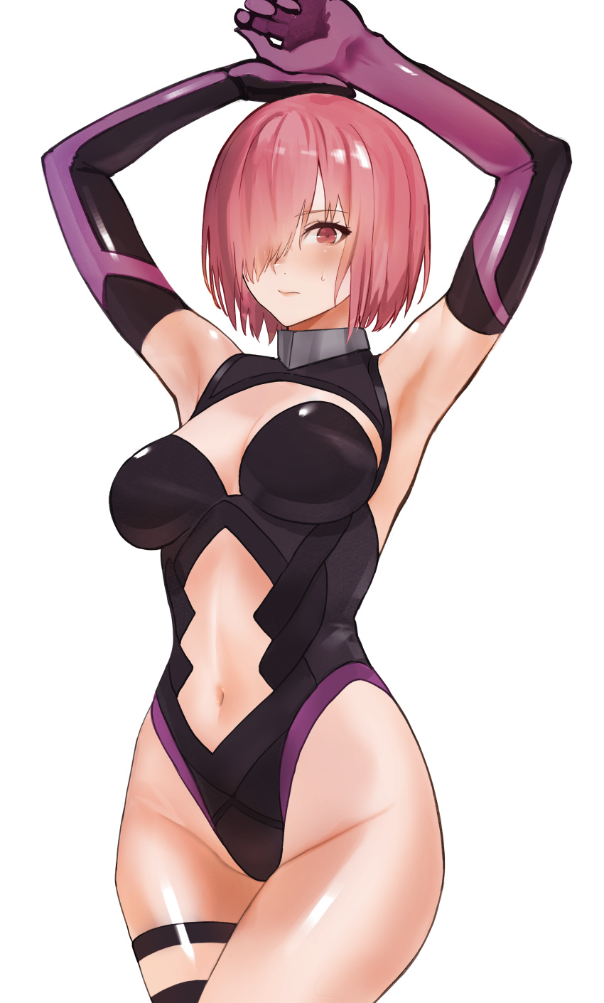 1girl absurdres armpits arms_up bare_hips bodysuit breasts cleavage cleavage_cutout clothing_cutout commentary_request elbow_gloves fate/grand_order fate_(series) gloves hair_over_one_eye highleg highleg_leotard highres leotard looking_at_viewer mash_kyrielight medium_breasts navel navel_cutout one_eye_covered pink_hair red_eyes sawatari_kazuma solo