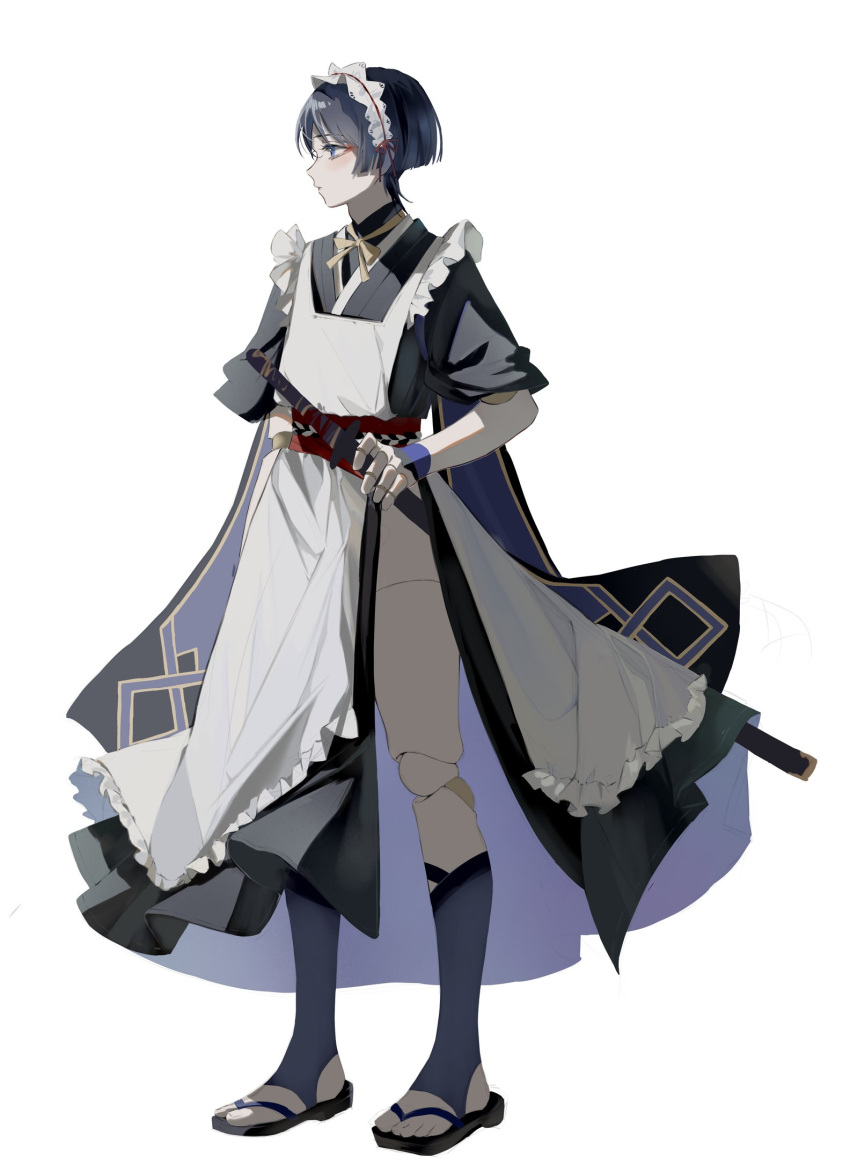 1boy alternate_costume apron black_hair blue_eyes closed_mouth crossdressing doll_joints full_body genshin_impact highres holding holding_sword holding_weapon japanese_clothes joints maid maid_headdress male_focus megumui_9 otoko_no_ko profile scaramouche_(genshin_impact) simple_background solo standing sword wa_maid weapon white_apron white_background wide_sleeves
