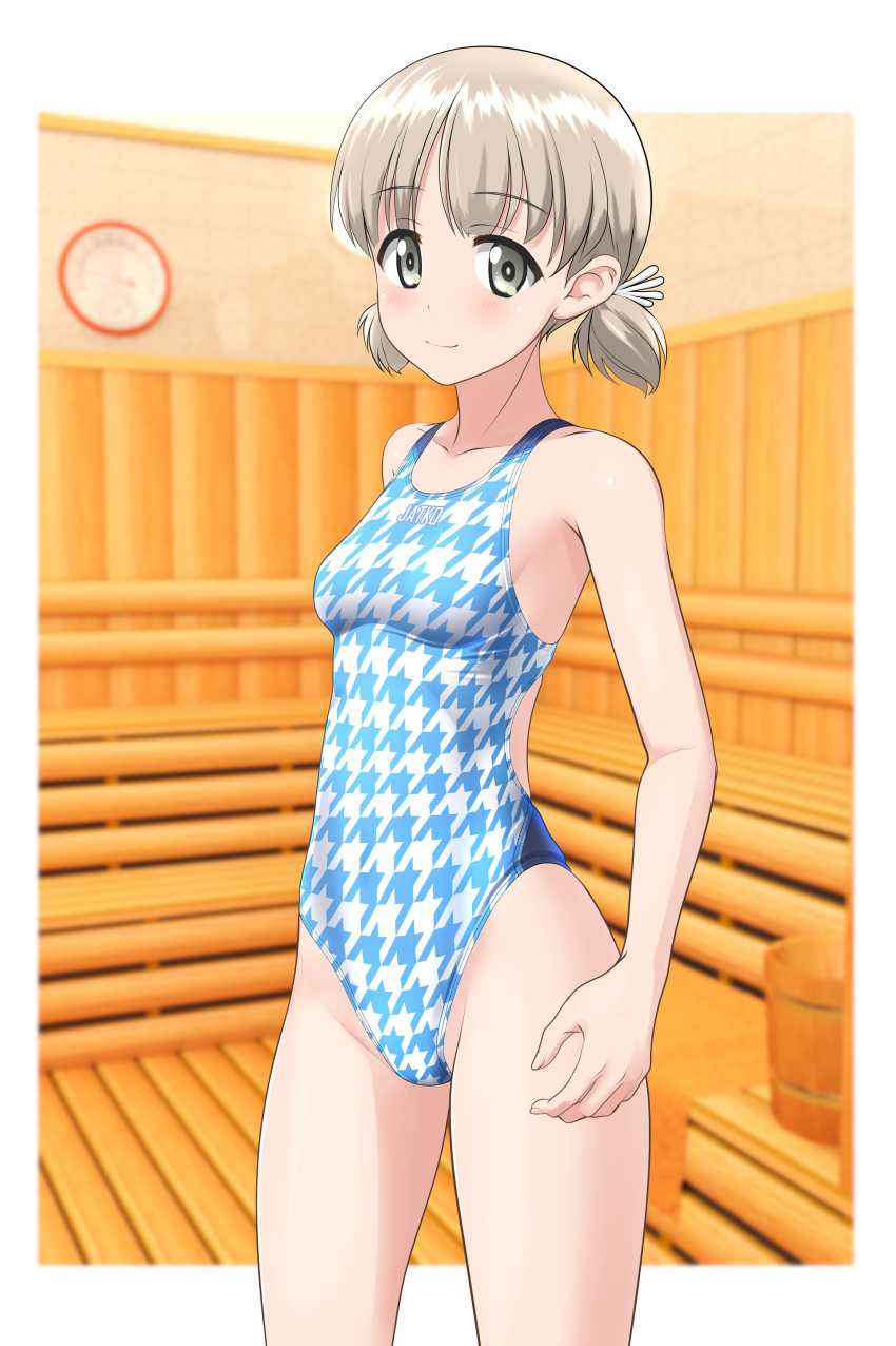 1girl absurdres aki_(girls_und_panzer) blue_one-piece_swimsuit breasts commentary_request competition_swimsuit cowboy_shot girls_und_panzer green_eyes highres houndstooth light_brown_hair looking_at_viewer low_twintails one-piece_swimsuit sauna short_hair short_twintails small_breasts solo standing swimsuit takafumi twintails two-tone_swimsuit