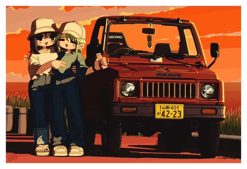 2girls =_= baseball_cap black_pants blue_nails blue_pants blush border brown_footwear brown_headwear brown_shirt bucket_hat can green_hair green_shirt hair_behind_ear hand_on_another's_waist hat highres holding holding_can license_plate medium_hair multiple_girls nail_polish ocean original pants satosio shirt shirt_tucked_in shoes short_hair smile sneakers sports_utility_vehicle sunset suzuki_(company) suzuki_jimny toenail_polish toenails v vehicle_focus white_border yuri