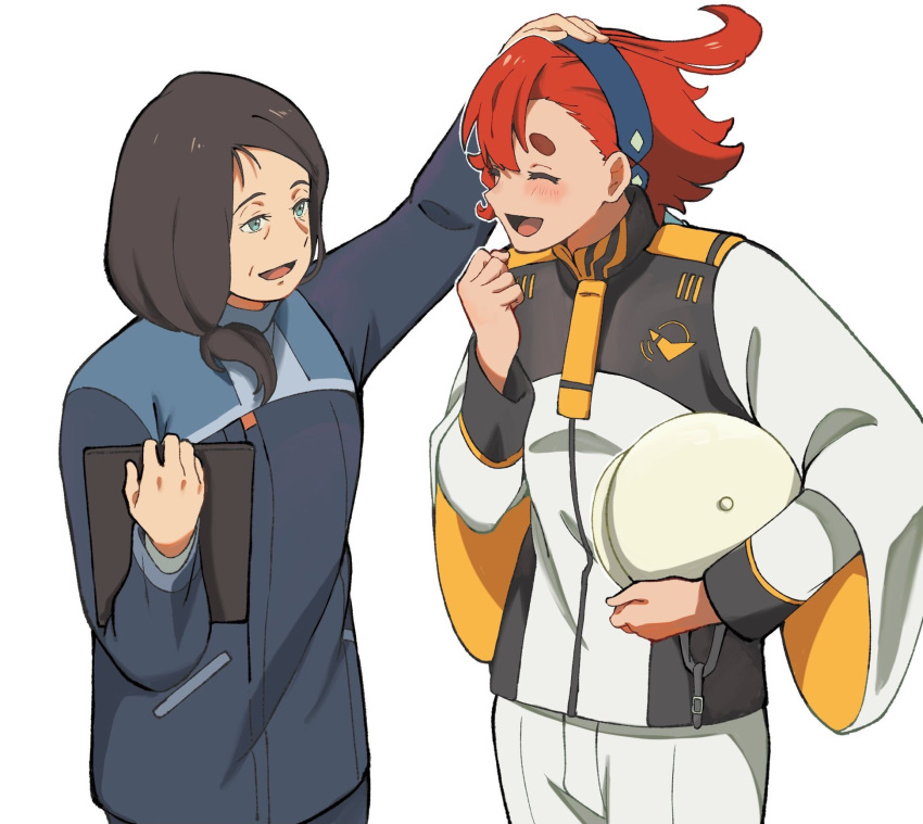 2girls :d ahoge asticassia_school_uniform belmeria_winston black_hair blue_eyes blue_hairband blue_jacket blush closed_eyes gundam gundam_suisei_no_majo hair_between_eyes hairband hand_on_another's_head headpat highres holding jacket long_sleeves looking_at_another multiple_girls old old_woman open_mouth ponytail red_hair school_uniform short_ponytail shorts simple_background smile standing suiseikaro suletta_mercury thick_eyebrows white_background white_jacket white_shorts wide_sleeves