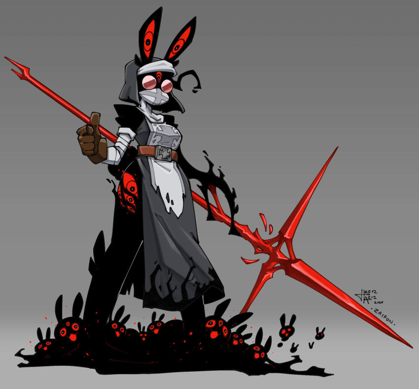 1girl 2020 abby_(za1f0n) animal_ears belt brown_gloves colored_sclera dated eldritch_abomination full_body gloves gradient_background grey_background highres holding holding_polearm holding_weapon looking_at_viewer mask monster_girl mouth_mask nun original polearm rabbit rabbit_ears red-tinted_eyewear red_eyes red_sclera signature simple_background standing thighs thumbs_up tinted_eyewear too_many_eyes weapon za1f0n