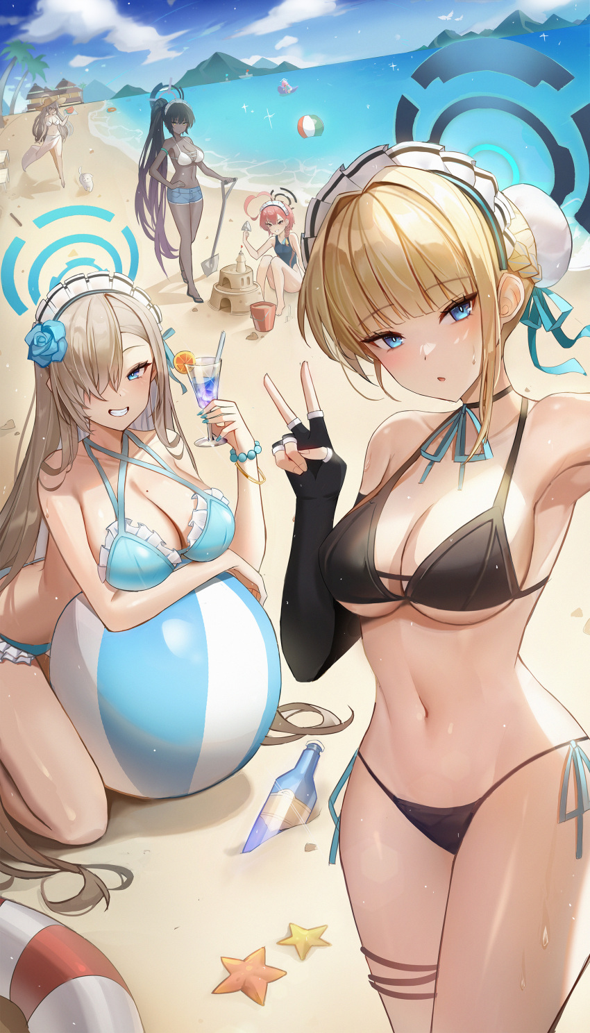 6+girls absurdres akane_(blue_archive) animal asuna_(blue_archive) ball beach beachball bead_bracelet beads bikini bird black_bikini black_gloves black_hair blonde_hair blue_archive blue_bikini blue_eyes blue_one-piece_swimsuit blue_sky boat bottle bracelet breasts bucket cloud cup dark-skinned_female dark_skin day denim denim_shorts dog drinking_straw elbow_gloves fingerless_gloves flower food fruit gloves gonggo grin hair_bun hair_flower hair_ornament hair_over_one_eye halo hat high_ponytail highres holding holding_cup hoshino_(blue_archive) hoshino_(swimsuit)_(blue_archive) ice ice_cube innertube jewelry karin_(blue_archive) large_breasts long_hair looking_at_viewer maid_headdress medium_breasts mole mole_on_breast multiple_girls navel neru_(blue_archive) ocean one-piece_swimsuit orange_(fruit) orange_slice palm_tree parted_lips planted planted_shovel sand sand_sculpture shorts shovel sky smile starfish sun_hat swimsuit toki_(blue_archive) tree v very_long_hair watercraft white_bikini