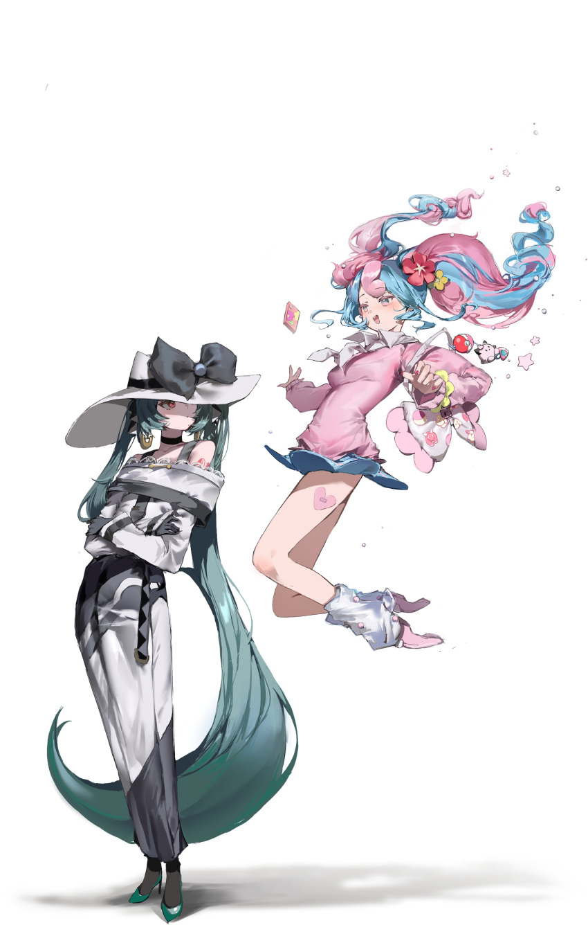 2girls :d absurdly_long_hair absurdres aqua_footwear aqua_hair bag bag_charm bare_shoulders beads black_gloves blue_skirt bow breasts cameo character_doll charm_(object) clefairy closed_mouth clothes_lift crossed_arms curly_hair dark_miku_(project_voltage) dress earrings fairy_miku_(project_voltage) floating_hair flower full_body gloves grey_bow grey_dress grey_hair grey_socks hair_flower hair_ornament hat hat_bow hat_over_one_eye hatsune_miku heart_sticker high_heels highres hisiya_(wldn1112) jewelry jumping lace-trimmed_dress lace_trim long_dress long_hair long_sleeves looking_at_another looking_down looking_to_the_side looking_up medium_breasts miniskirt multiple_girls nail_polish off-shoulder_dress off_shoulder one_eye_covered open_mouth outstretched_arms pink_footwear pink_sweater plantar_flexion pointy_ears poke_ball poke_ball_(basic) pokemon project_voltage red_flower red_nails scrunchie shoulder_bag simple_background skirt skirt_lift smile socks star_(symbol) sticker_on_leg stiletto_heels sun_hat sweater twintails two-tone_dress very_long_hair vocaloid white_background white_dress white_headwear white_leg_warmers wrist_scrunchie yellow_flower