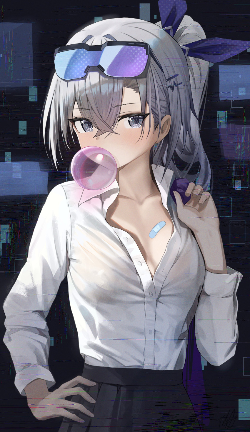 1girl absurdres bandaid bandaid_on_breast blue_skirt breasts chewing_gum cleavage collarbone collared_shirt commentary crossed_bangs dress_shirt eyewear_on_head glitch grey_eyes grey_hair hair_between_eyes hair_ornament hairclip hand_on_own_hip hidulume highres honkai:_star_rail honkai_(series) long_hair looking_at_viewer medium_breasts partially_unbuttoned pleated_skirt ponytail shirt signature silver_wolf_(honkai:_star_rail) skirt solo sunglasses white_shirt