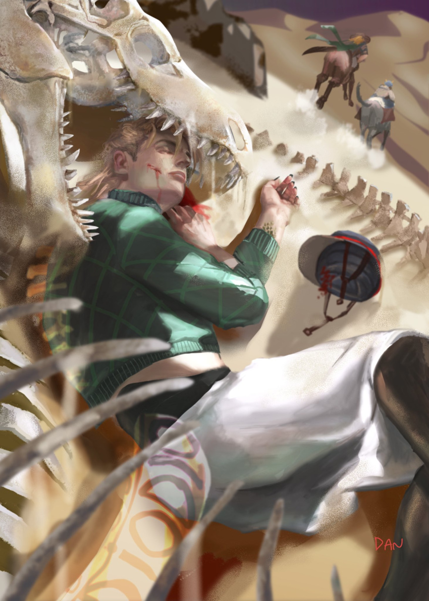 3boys animal_skeleton artist_name blonde_hair blood blood_on_face closed_eyes commentary_request danart14020 diego_brando dinosaur dinosaur_skeleton dinosaur_tail glasgow_smile gyro_zeppeli hat hat_removed headwear_removed highres horse horseback_riding johnny_joestar jojo_no_kimyou_na_bouken long_hair long_sleeves lying male_focus multiple_boys pants realistic riding scary_monsters_(stand) skeleton stand_(jojo) steel_ball_run sweater tail