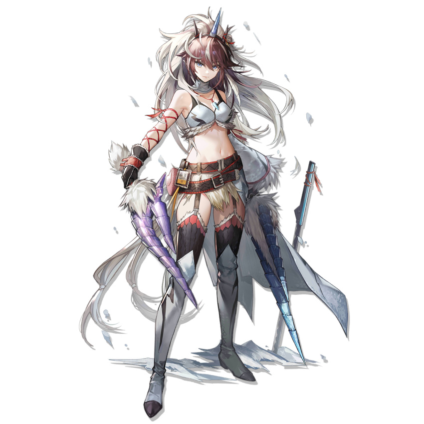 1girl arknights bare_shoulders belt black_belt black_gloves black_thighhighs blue_eyes boots breasts brown_hair crop_top fake_horns full_body gloves highres holding holding_weapon horns jewelry kirin_x_yato_(arknights) large_breasts long_hair looking_at_viewer midriff monster_hunter_(series) multicolored_hair navel official_art pendant skade skirt smile solo standing stomach thigh_boots thighhighs thighs transparent_background two-tone_hair very_long_hair weapon white_footwear white_hair yato_(arknights)