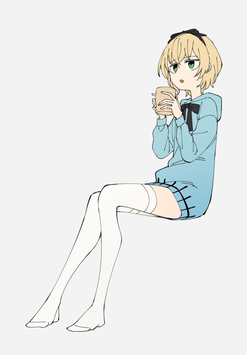 1girl black_bow black_bowtie blonde_hair blue_hoodie bow bowtie commission cup full_body hair_bow highres holding holding_cup hood hood_down hoodie invisible_chair long_sleeves mug neonfloyd open_mouth original short_hair sitting solo thighhighs white_thighhighs