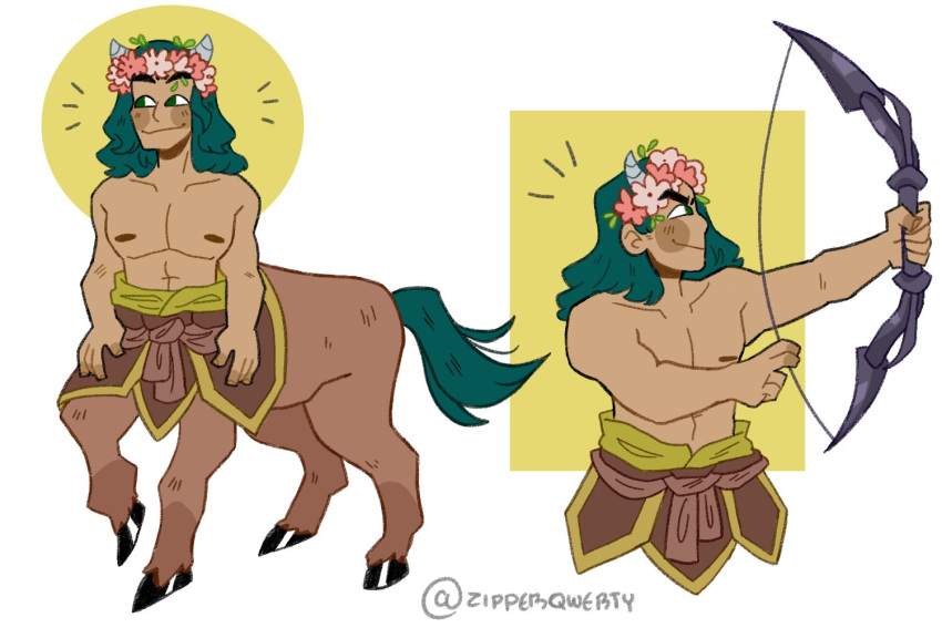 anthro blush bow_(weapon) brown_body brown_fur centaur clothed clothing equid equid_taur equine flower flower_crown fur green_eyes green_hair green_tail hair head_wreath holding_object holding_weapon hooves horn horned_humanoid horse human humanoid humanoid_taur latreus male mammal mammal_taur nipples plant ranged_weapon simple_background smile solo tail taur weapon zipperqwerty