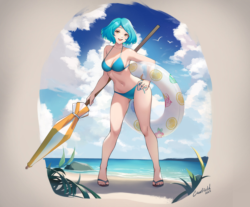 1girl 2023 bare_arms bare_legs bare_shoulders beach beach_umbrella bikini blue_hair blue_sky bracer breasts cawfield clip_studio_paint_(medium) cloud cloudy_sky commentary day english_commentary feet hand_on_own_hip highres holding horizon innertube large_breasts leaning_to_the_side looking_at_viewer nail_polish navel ocean open_mouth original outdoors purple_nails rock sandals shore short_hair side-tie_bikini_bottom signature simple_bird sky smile solo standing stomach swimsuit teeth toenail_polish toenails toes umbrella upper_teeth_only water yellow_eyes
