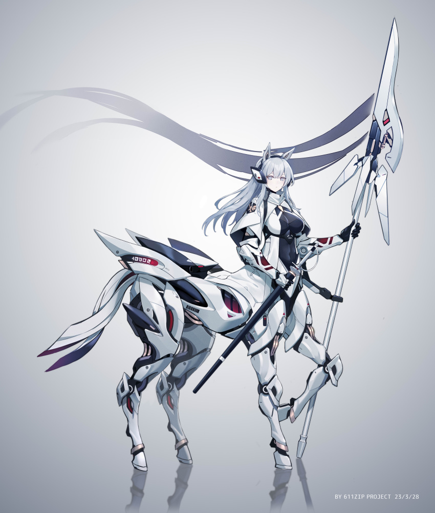 1girl absurdres animal_ears black_bodysuit bodysuit breasts centaur chinese_commentary closed_mouth coat commentary_request covered_navel full_body gauntlets grey_eyes grey_hair headgear highres holding holding_polearm holding_sheath holding_weapon horse_ears horse_tail jhcrow3 long_hair looking_at_viewer mecha_musume medium_breasts multiple_legs original polearm reflection sheath sheathed sidelocks simple_background solo spear standing standing_on_three_legs sword tail taur weapon white_coat