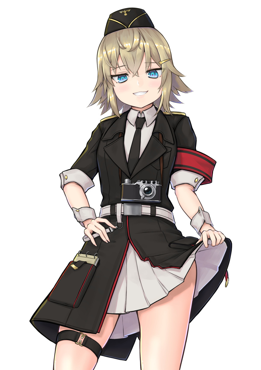 1girl absurdres black_headwear black_jacket black_necktie blonde_hair blue_eyes blush camera clothes_lift commentary_request crossed_bangs garrison_cap girls'_frontline grin hair_between_eyes hair_ornament hairclip hand_on_own_hip hat highres holding jacket lifted_by_self looking_at_viewer mari0ball military military_hat military_uniform mp41_(girls'_frontline) necktie notepad red_armband shirt short_hair short_sleeves simple_background skindentation skirt skirt_lift smile solo straight-on thigh_strap uniform white_background white_shirt white_skirt wrist_cuffs