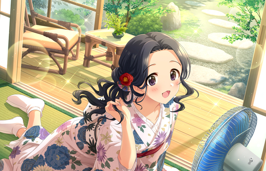 1girl architecture black_hair blush chair day east_asian_architecture egami_tsubaki electric_fan fanning_face floral_print flower grass hair_flower hair_ornament hand_in_own_hair hot idolmaster idolmaster_cinderella_girls idolmaster_cinderella_girls_starlight_stage indoors japanese_clothes kimono long_hair looking_at_viewer no_shoes official_art on_floor open_door open_mouth parted_bangs plant ponytail print_kimono purple_eyes sash shouji sliding_doors smile socks solo stone_walkway summer tabi tatami vegetation veranda wavy_hair white_kimono white_socks wide_sleeves wooden_floor