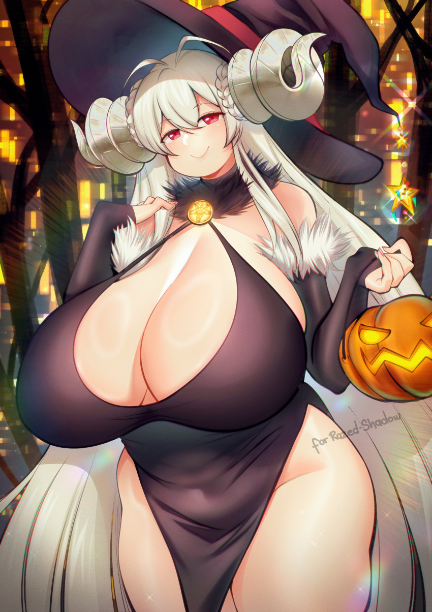1girl absurdres antenna_hair blonde_hair braid breasts character_request cleavage closed_mouth cloudxmoe commission commissioner_name copyright_request cowboy_shot curled_horns detached_sleeves dress english_commentary fur_trim half-closed_eyes hat head_tilt highres holding horns huge_breasts jack-o'-lantern long_hair looking_at_viewer red_eyes sleeves_past_wrists solo star_(symbol) thick_thighs thighs very_long_hair witch_hat yellow_background