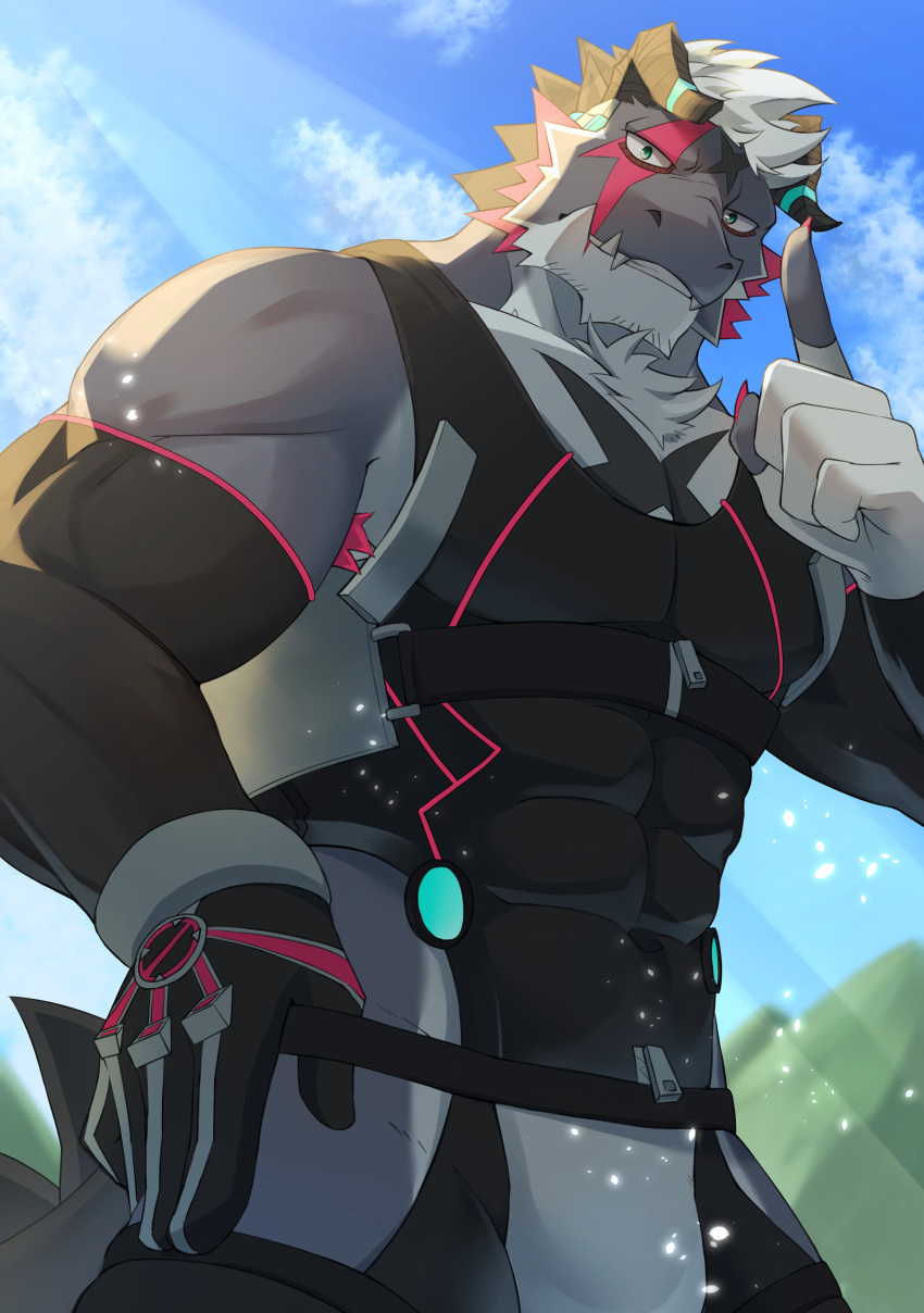 abs absurd_res anthro bulge clothing dragon giansar gloves grey_body hair handwear hi_res horn kouga0225 lifewonders live_a_hero male muscular muscular_anthro muscular_male pecs solo white_hair