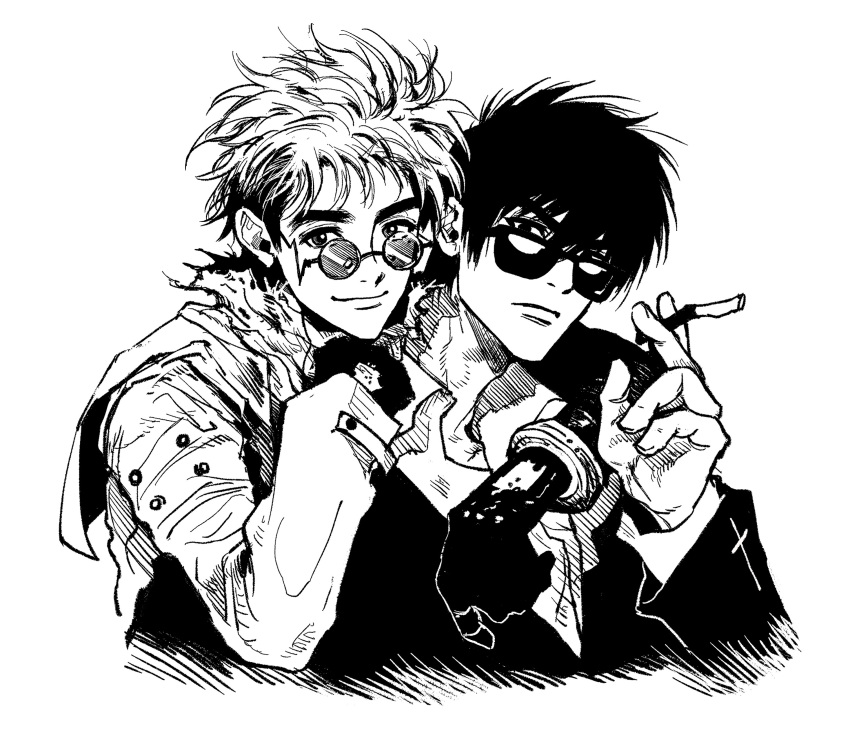 2boys absurdres cigarette closed_mouth collared_shirt glasses gloves greyscale hand_up highres holding holding_cigarette jacket long_sleeves looking_at_viewer male_focus mole mole_under_eye monochrome multiple_boys my_nameisyoon nicholas_d._wolfwood round_eyewear shirt short_hair simple_background smile sunglasses trigun undercut upper_body vash_the_stampede