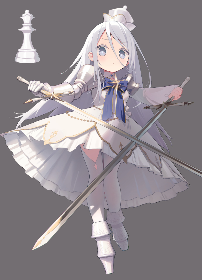 1girl blue_bow blue_bowtie blue_eyes bow bowtie breasts chess_piece cloneko_(zelmeledf2) commentary dress dual_wielding full_body gauntlets grey_background hair_between_eyes highres holding holding_sword holding_weapon long_sleeves original queen_(chess) queen_costume_(chess) simple_background single_gauntlet sleeves_past_wrists small_breasts solo sword thighhighs weapon white_dress white_footwear white_headwear white_thighhighs