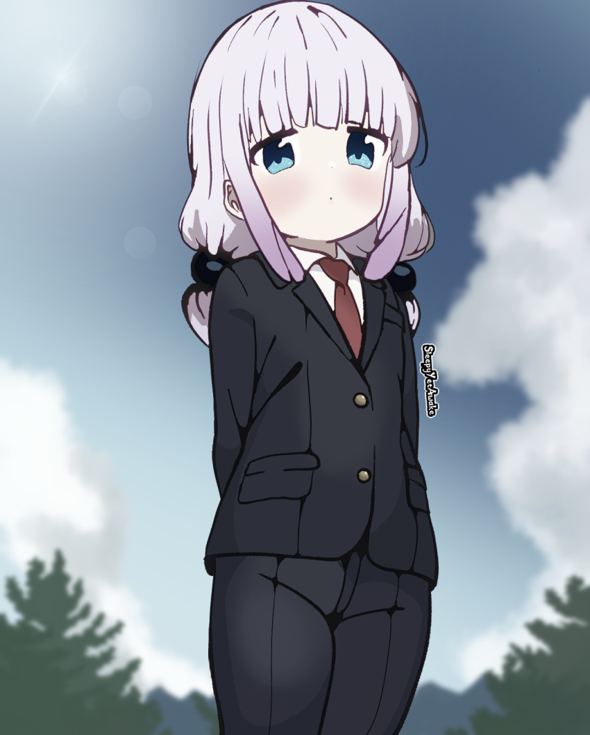 1girl arms_behind_back beads black_jacket black_pants black_suit blue_eyes blue_sky business_suit cloud collared_shirt formal gradient_hair hair_beads hair_ornament highres jacket kanna_kamui kobayashi-san_chi_no_maidragon light_purple_hair long_hair looking_at_viewer multicolored_hair necktie office_lady outdoors pant_suit pants purple_hair red_necktie shirt sidelocks sky sleepyyetawake solo standing suit suit_jacket twintails