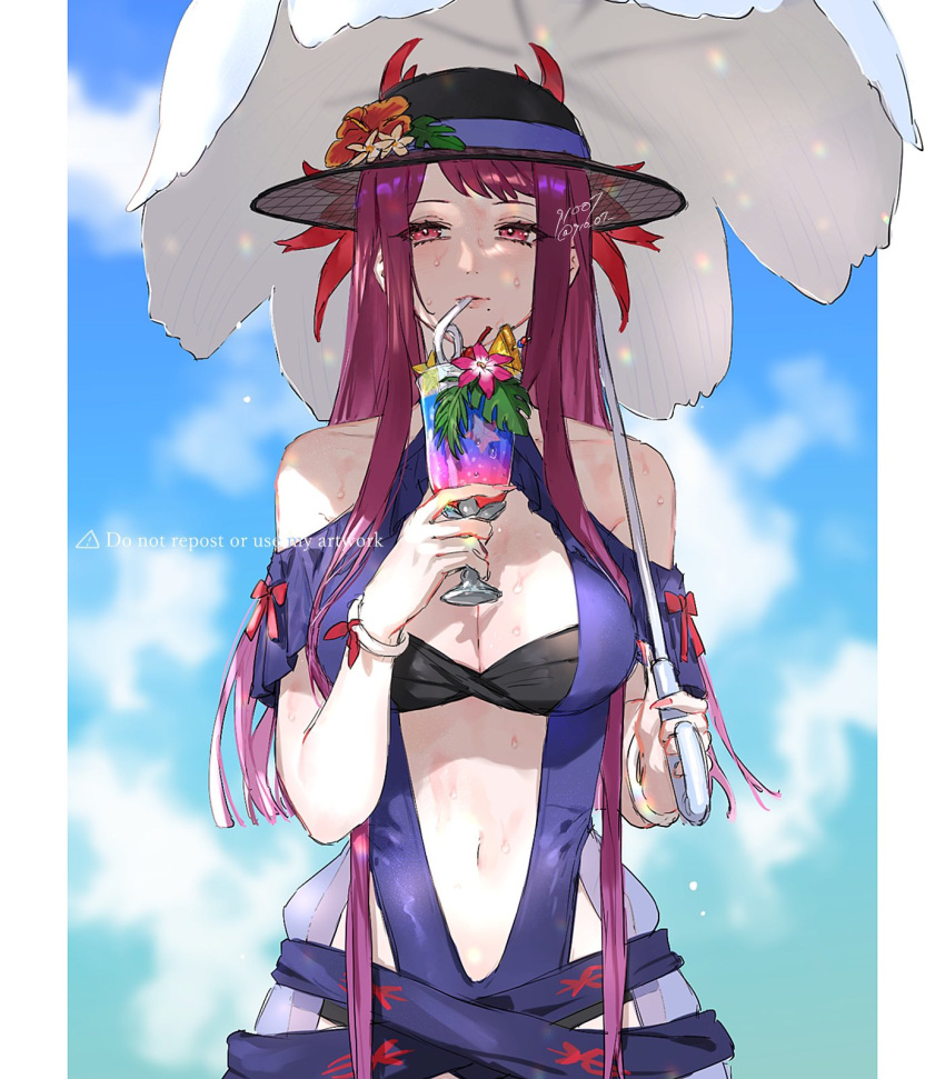 1girl 91007 bare_shoulders bendy_straw black_headwear blue_one-piece_swimsuit blush breasts cleavage clothing_cutout cup drink drinking drinking_glass drinking_straw fire_emblem fire_emblem_engage fire_emblem_heroes flower hat highres holding holding_cup holding_drink ivy_(fire_emblem) ivy_(summer)_(fire_emblem) large_breasts long_hair looking_at_viewer mole mole_under_mouth navel official_alternate_costume one-piece_swimsuit purple_eyes purple_hair solo stomach stomach_cutout swimsuit wet wet_clothes wet_hair
