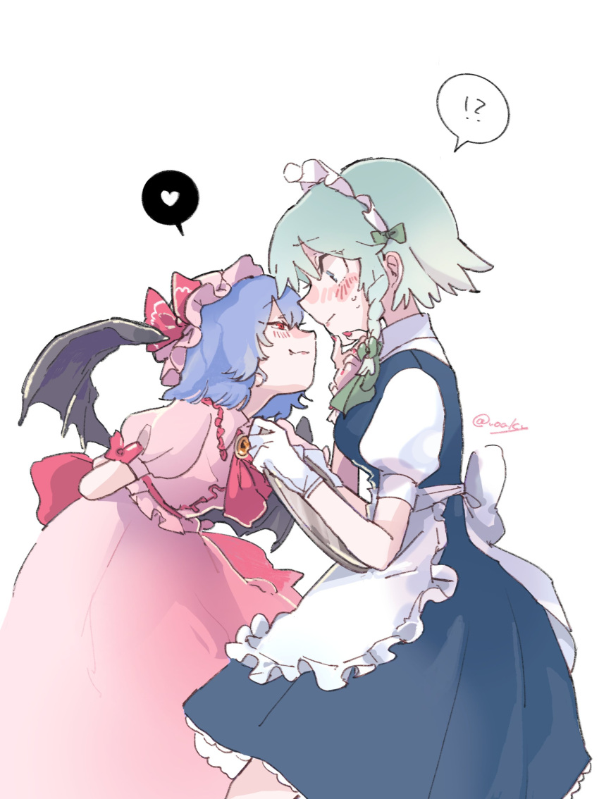 !? 2girls absurdres bat_wings blue_hair blush hand_on_another's_chin highres izayoi_sakuya maid multiple_girls red_eyes remilia_scarlet touhou voal white_hair wings yuri
